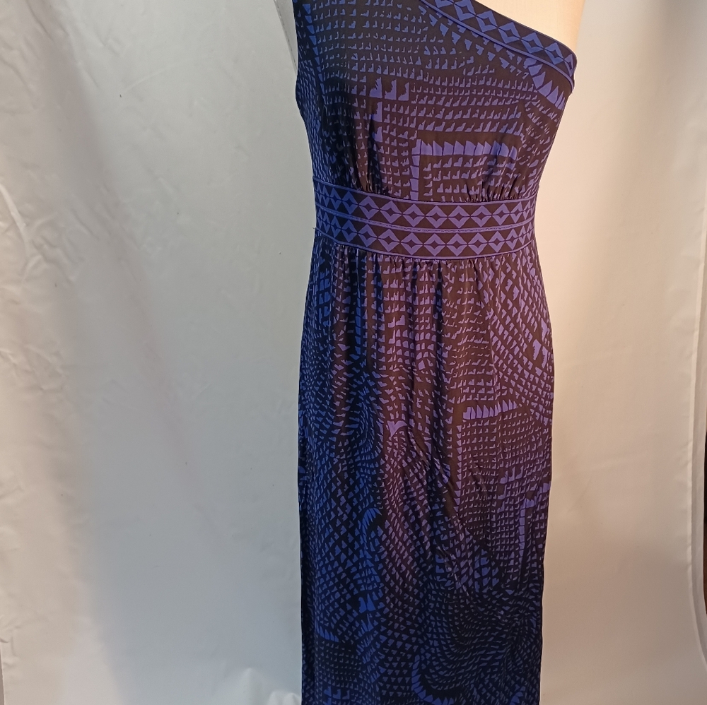 BCBGMaxAzria One-Shoulder Geometric Print Dress in Navy and Purple
